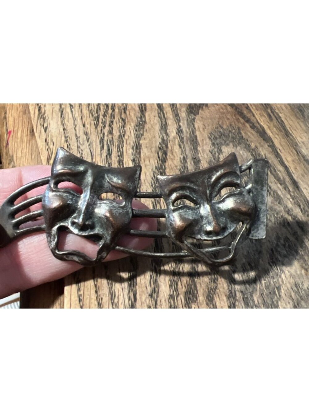 Vtg Greek Comedy Tragedy Theater Masks Brooch Antiqued Bronze Tone 3.5" L Hefty